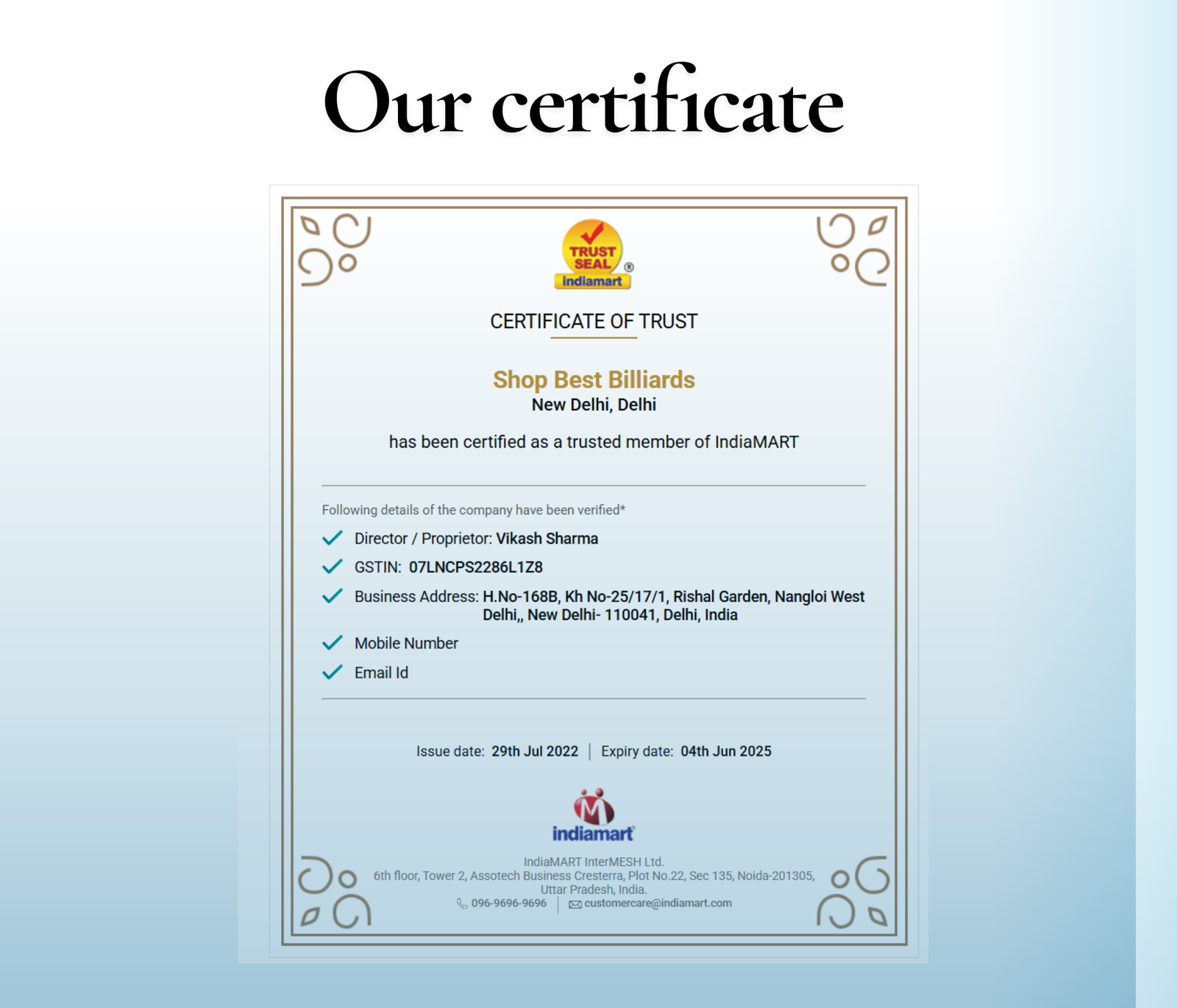 Our certificate